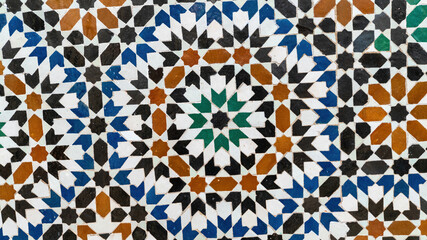 Traditional Morocco tiles with Islamic design, handcrafted colorful patterns like geometric shapes...