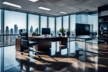 A corporate executive's office, featuring a sleek glass desk, a modern leather chair