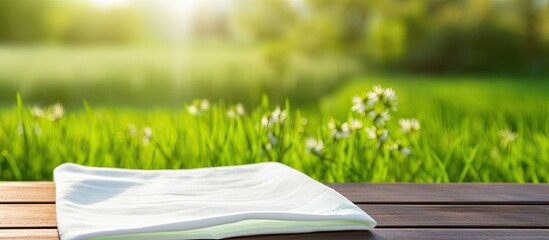 Green grass background with clean napkin on light wooden table