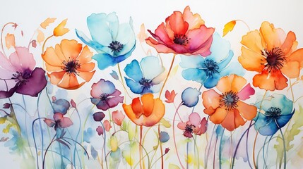  a painting of colorful flowers on a white background with watercolors.  generative ai