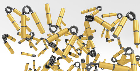 Flying of sport equipment like hand expander or resistance band on white