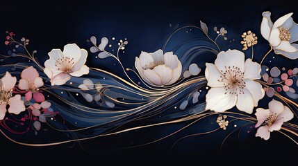  a painting of white flowers on a blue background with gold lines.  generative ai