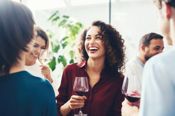 Woman at branch party holding a glass of red wine,  laughing at jokes and having a good time with friends  - obrazy, fototapety, plakaty