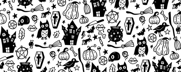 Monochrome seamless pattern of cute Halloween hand drawn doodle. Black and white background with Pumpkin, broom, owl, skull, house, castle, raven, pentagram, witch, cat, leaves, spider, ghost, cat,