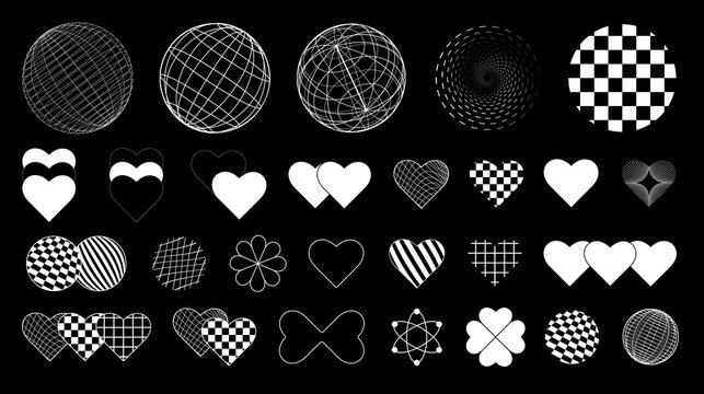 Set of abstract aesthetic elements of hearts and 3D planet layouts in y2k style. Black and white retro vector illustration for social networks or posters.