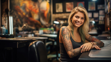 Young woman tattoo artist in a tattoo shop - obrazy, fototapety, plakaty
