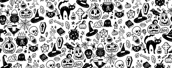 Monochrome seamless pattern of cute Halloween hand drawn doodle. Black and white background with Pumpkin, broom, owl, skull, house, castle, raven, pentagram, witch, cat, leaves, spider, ghost, cat,