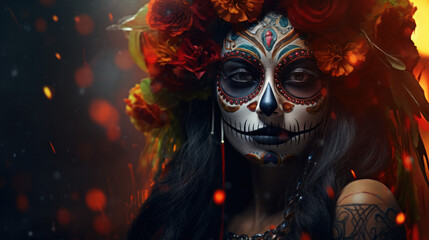 Mexican woman puts on celebratory makeup for Day of the Dead, filled with flowers