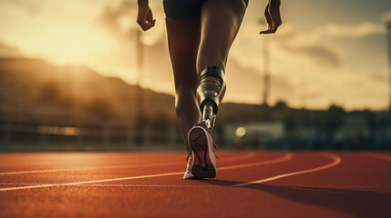 close-up starting line running amputee man runner with prosthetic