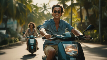 Fototapeta na wymiar Tourist couple love smile driving motorcycle in Bali