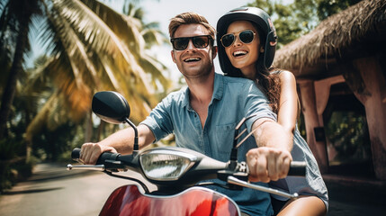 Tourist couple love smile driving motorcycle in Bali - obrazy, fototapety, plakaty