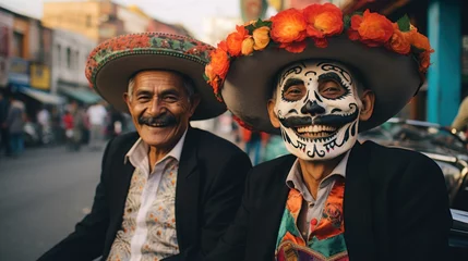 Abwaschbare Fototapete Karneval Two men dressed in Mexican clothing with skeleton face in the parade day of the dead