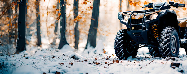 Front view of ATV in winter forest - obrazy, fototapety, plakaty