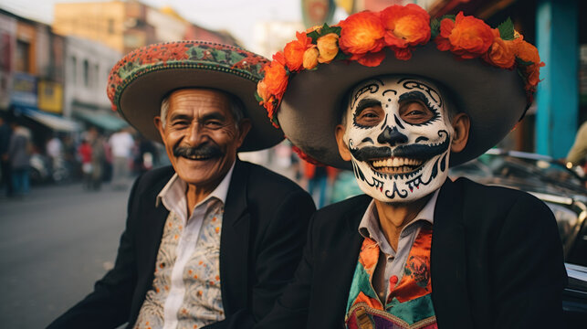 Two men dressed in Mexican clothing with skeleton face in the parade day of the dead