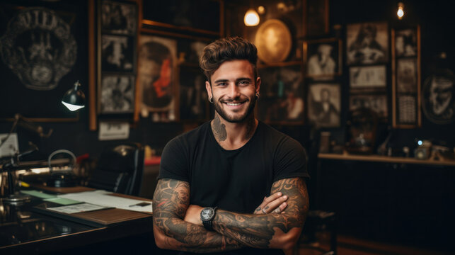 Young male tattoo artist in a tattoo shop