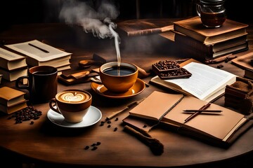 Fototapeta na wymiar A steaming cup of coffee sits elegantly on a study table, surrounded by books and stationery. The aroma of freshly brewed coffee fills the air, awakening the senses and inspiring focus.
