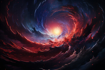 A surreal scene of a cosmic vortex, with swirling colors and distorted shapes, representing the warping of space-time Generative AI