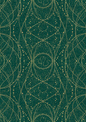 Hand-drawn unique abstract symmetrical seamless gold ornament and splatters of golden glitter on a dark cold green background. Paper texture. Digital artwork, A4. (pattern: p10-2d)