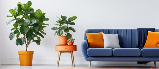 Colorful living room interior with orange end table navy couch fresh plant painting green armchair vases and colorful carpet With copyspace for text