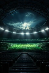universal grass stadium illuminated by spotlights and empty green grass playground, grand sport...