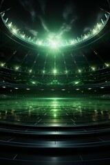 universal grass stadium illuminated by spotlights and empty green grass playground, grand sport building digital 3D background advertisement background illustration