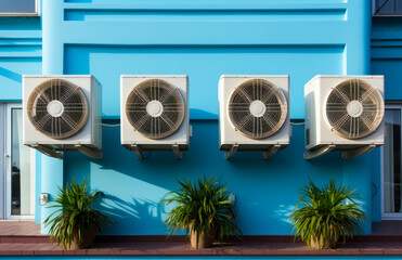 A row of air conditioners mounted to a blue wall