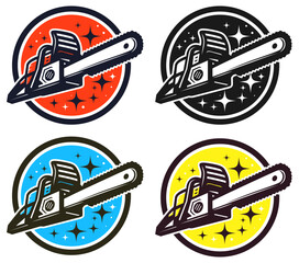 Chainsaw logo design template vector illustration, chainsaw symbol clip art, power saw, sawing machine logo in different colors stock vector image