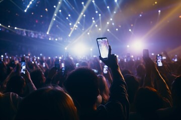 Crowd waving their smartphones with flashlights during a music concert