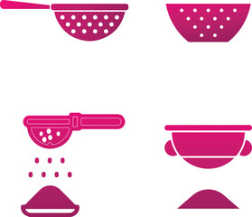 Strainer icons featuring various designs for filtering and separating solids from liquids. Each icon represents a different type of strainer, including fine mesh strainers, colanders, and sieve.