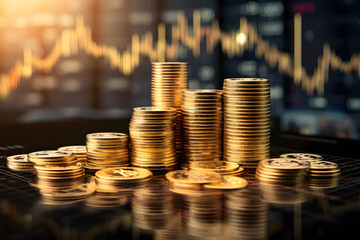 Golden coin stacks and candlestick forex chart on blurry background for trade, money, stock market and financial growth concept