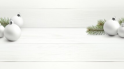 White Christmas toys nestled among fresh fir branches. The arrangement on a white wooden...