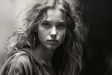 Charcoal black and white drawing of a beautiful teenage girl