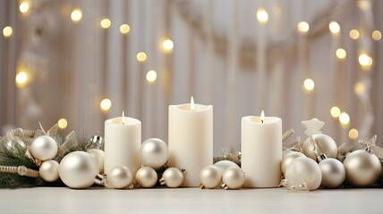 white candles nestled among green fir branches, accented with subtle Christmas decorations. elegant arrangement against a clean white background, leaving plenty of room for adding your holiday message