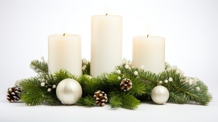 white candles nestled among green fir branches, accented with subtle Christmas decorations. elegant arrangement against a clean white background, leaving plenty of room for adding your holiday message