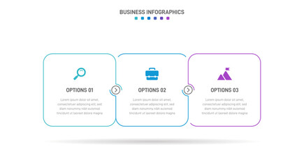 Timeline infographic with infochart. Modern presentation template with 3 spets for business process. Website template on white background for concept modern design. Horizontal layout.