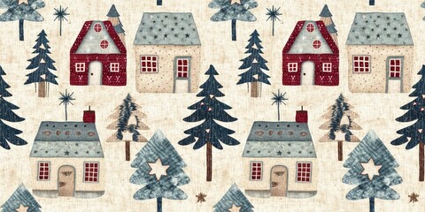 Rustic country christmas cottage with primitive hand sewing fabric effect. border. Cozy nostalgic shabby chic homespun ribbon trim with americana winter handmade crafts style edging.