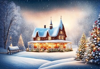 Fototapeta premium illustration of a wonderful winter landscape with christmas magic, perfect for christmas cards and more