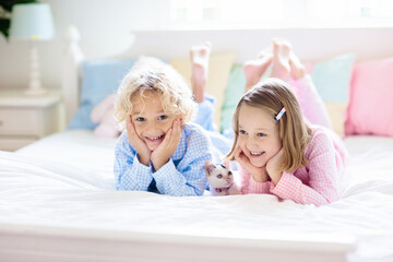 Kids play with baby cat. Child and kitten in bed.