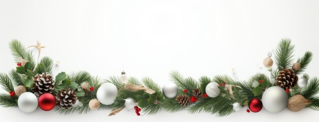 a wide border made of lush fir branches and adorned with various Christmas decorations. border on a clean white background, leaving plenty of space for adding your holiday message. - obrazy, fototapety, plakaty
