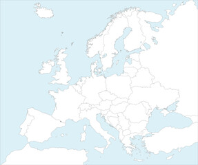 Gray CMYK national map of ANDORRA inside detailed white blank political map of European continent on blue background using Mollweide projection