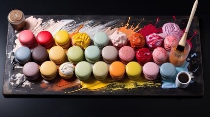  a tray of macaroons and a cup of coffee.  generative ai