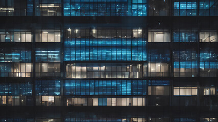 Seamless skyscraper facade with blue tinted windows and blinds at night. Modern abstract office building background texture with glowing lights against dark black exterior walls. - obrazy, fototapety, plakaty