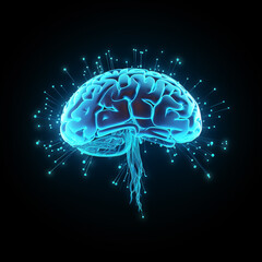 A blue human brain is seen, in the style of octane render, black background