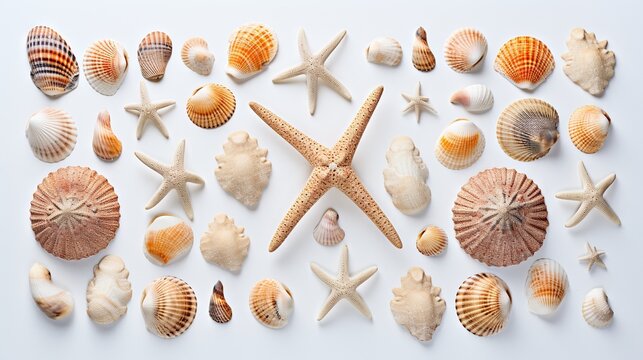  a group of seashells and starfish on a white background.  generative ai