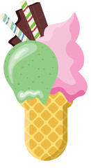 Vector illustration delicious colorful ice cream waffle cone. Icecream orange lemon cream scoops waffle cone. on white background. Idea for poster, product, t-shirt. Vector icon ice cream cone.