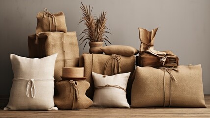 a gift wrapped in earthy tones and textures, burlap or linen fabric. Tied together with twine or a...