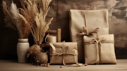 a gift wrapped in earthy tones and textures, burlap or linen fabric. Tied together with twine or a thin strip of leather a rustic, minimalist look that exudes charm.