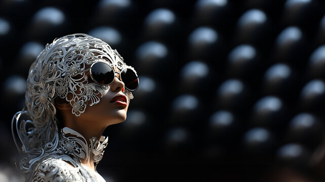 Wunderschönes Gesicht einer Frau mit abstrakten Kopfschmuck in weiß und Sonnenbrille als Poster Nahaufnahme im Querformat für Banner, ai generativ