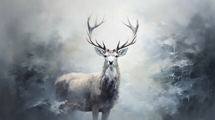  a painting of a deer with antlers standing in a foggy forest.  generative ai