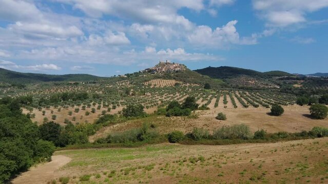 Aerial panorama of an ancient Tuscan village in Maremma, Montemassi, Italy